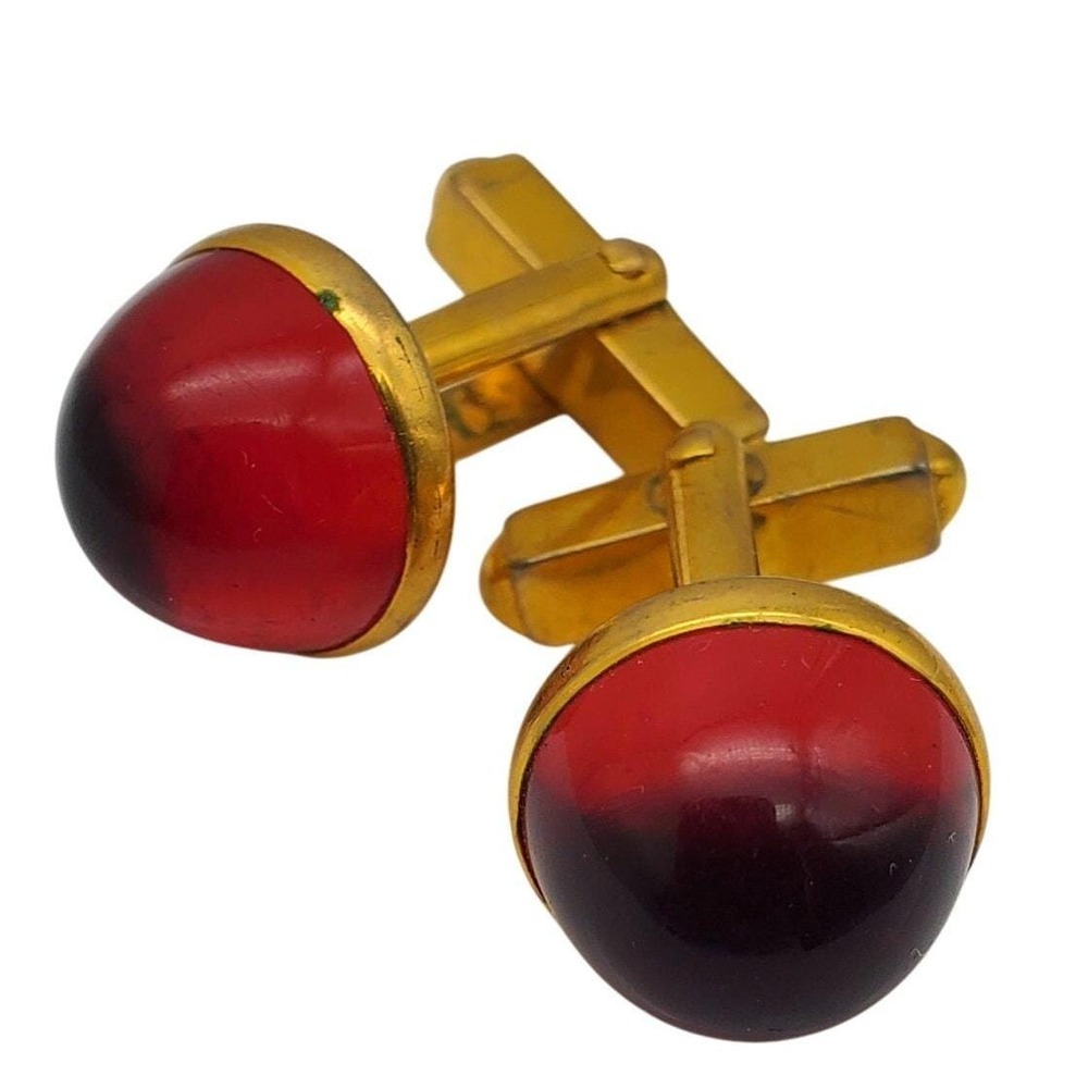 Swank Blood Red Dome Cufflinks Lucite Gold Tone Round Acrylic Mens Vtg Accessory